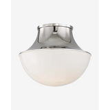Lettie Flush Mount – Demi-Globe Glass Ceiling Fixture with Spun Metal Funnel Design