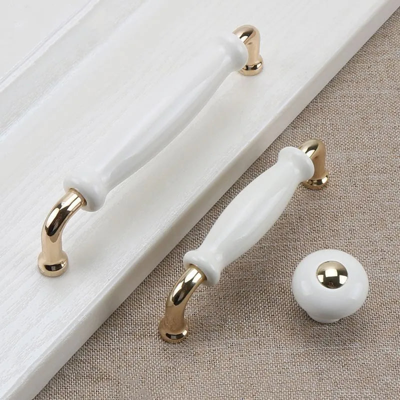 Light Luxury Gold White Creamic Kitchen Door Handles
