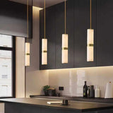 Alabaster Cylinder Pendant Light with Brass Accent – LED Mini Pendant - View 2