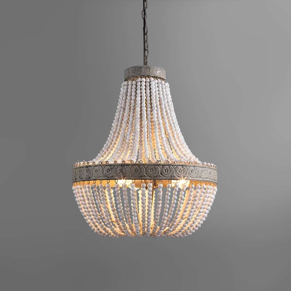 Boho White Beads Round Wood Chandelier