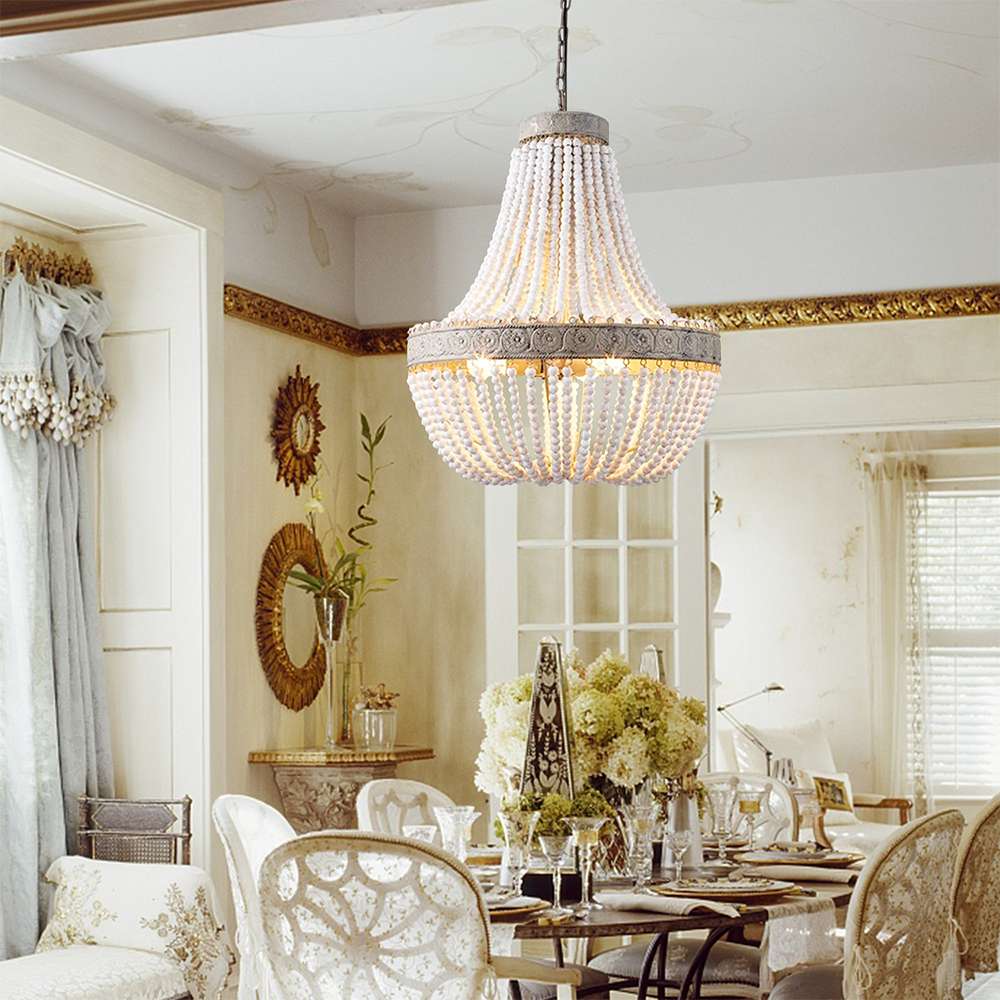 Boho White Beads Round Wood Chandelier