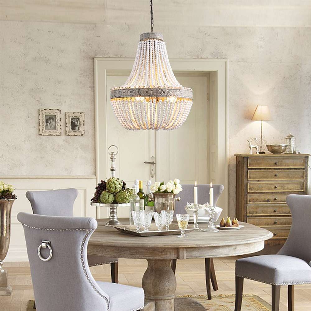 Boho White Beads Round Wood Chandelier