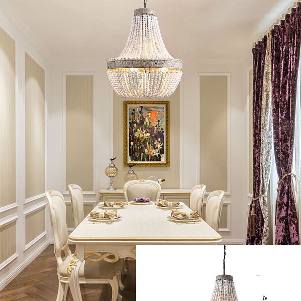 Boho White Beads Round Wood Chandelier