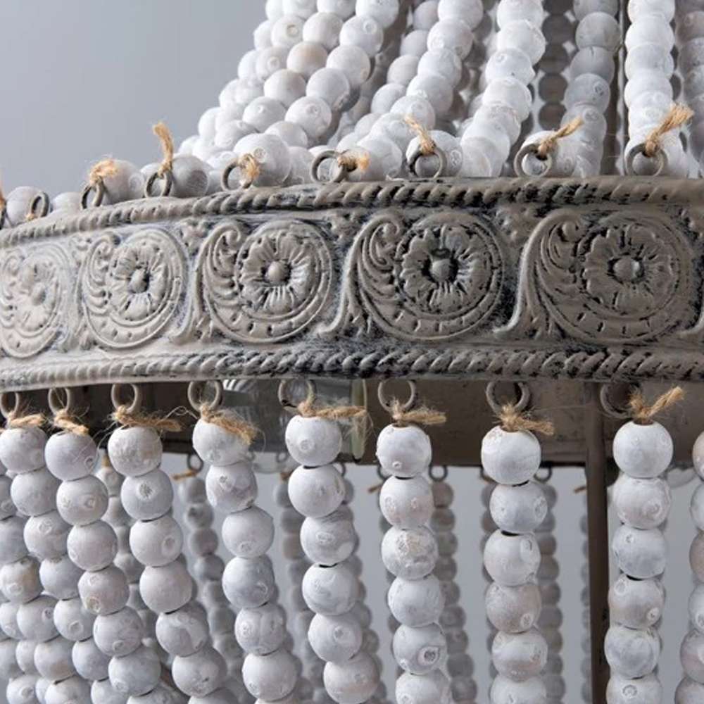 Boho White Beads Round Wood Chandelier