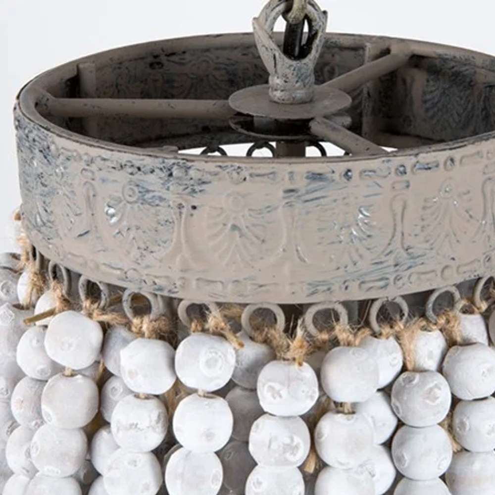 Boho White Beads Round Wood Chandelier