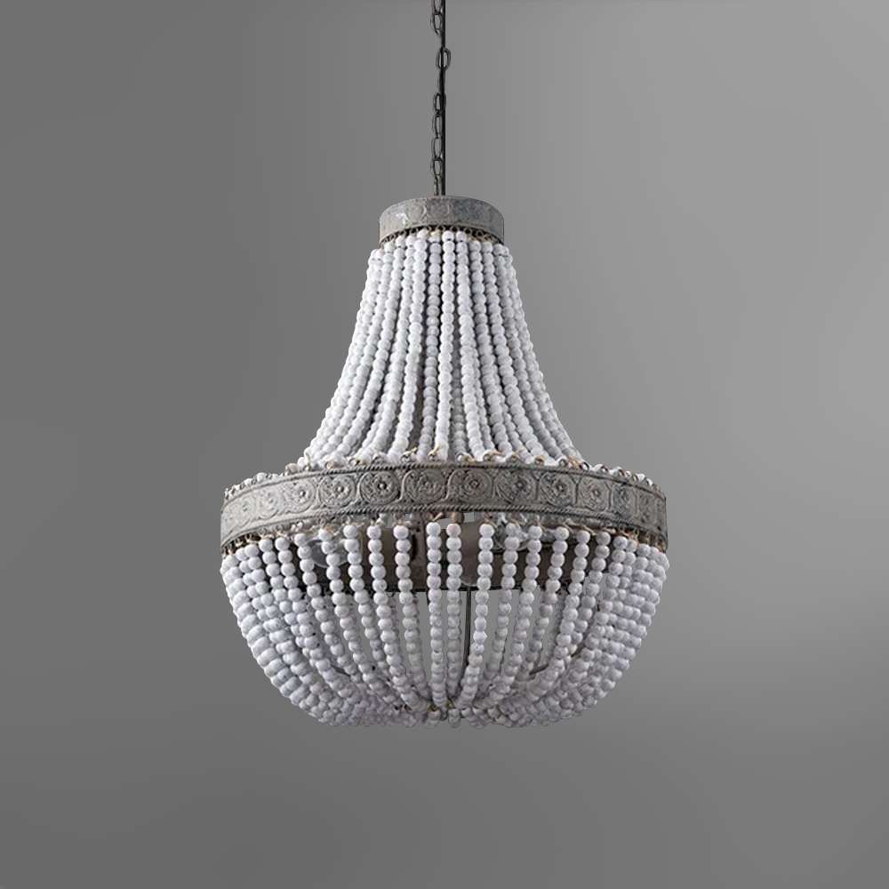 Boho White Beads Round Wood Chandelier