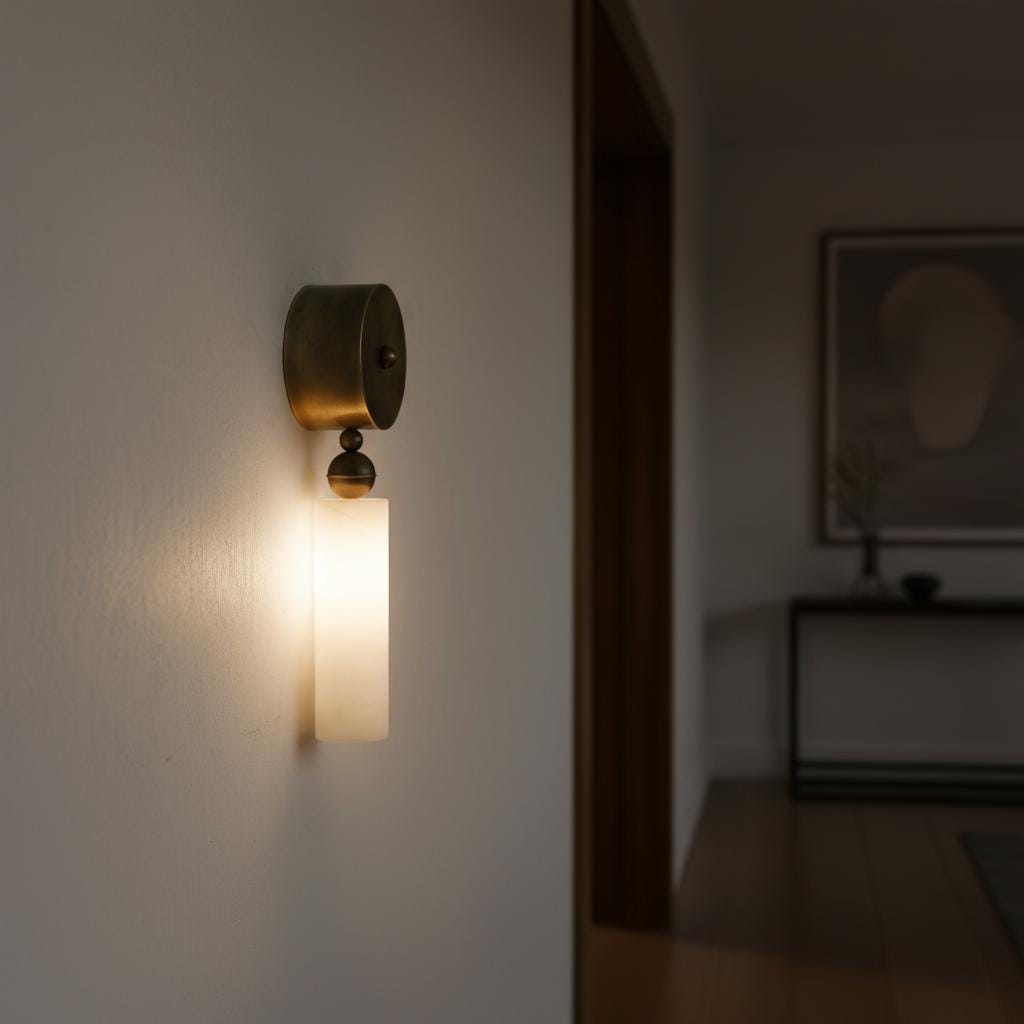Brass and Alabaster Wall Sconce with Cylinder Shade