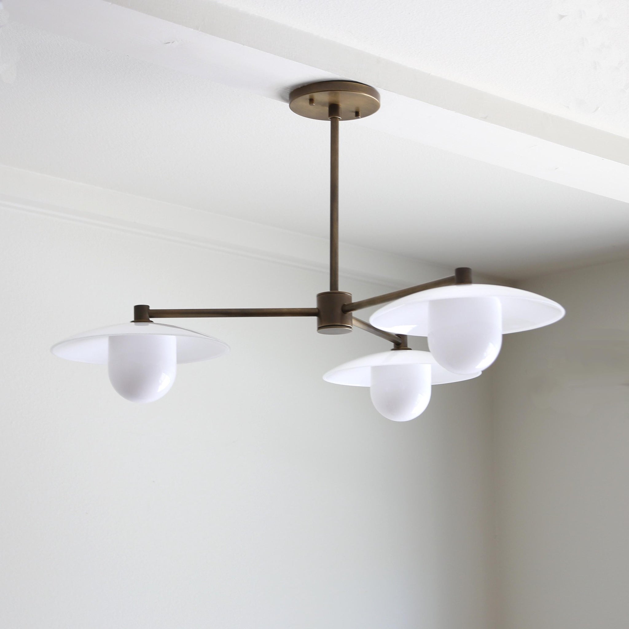 Brass Chandelier with Flared Opal Glass Shades
