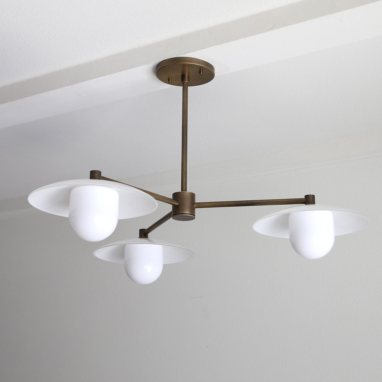 Brass Chandelier with Flared Opal Glass Shades