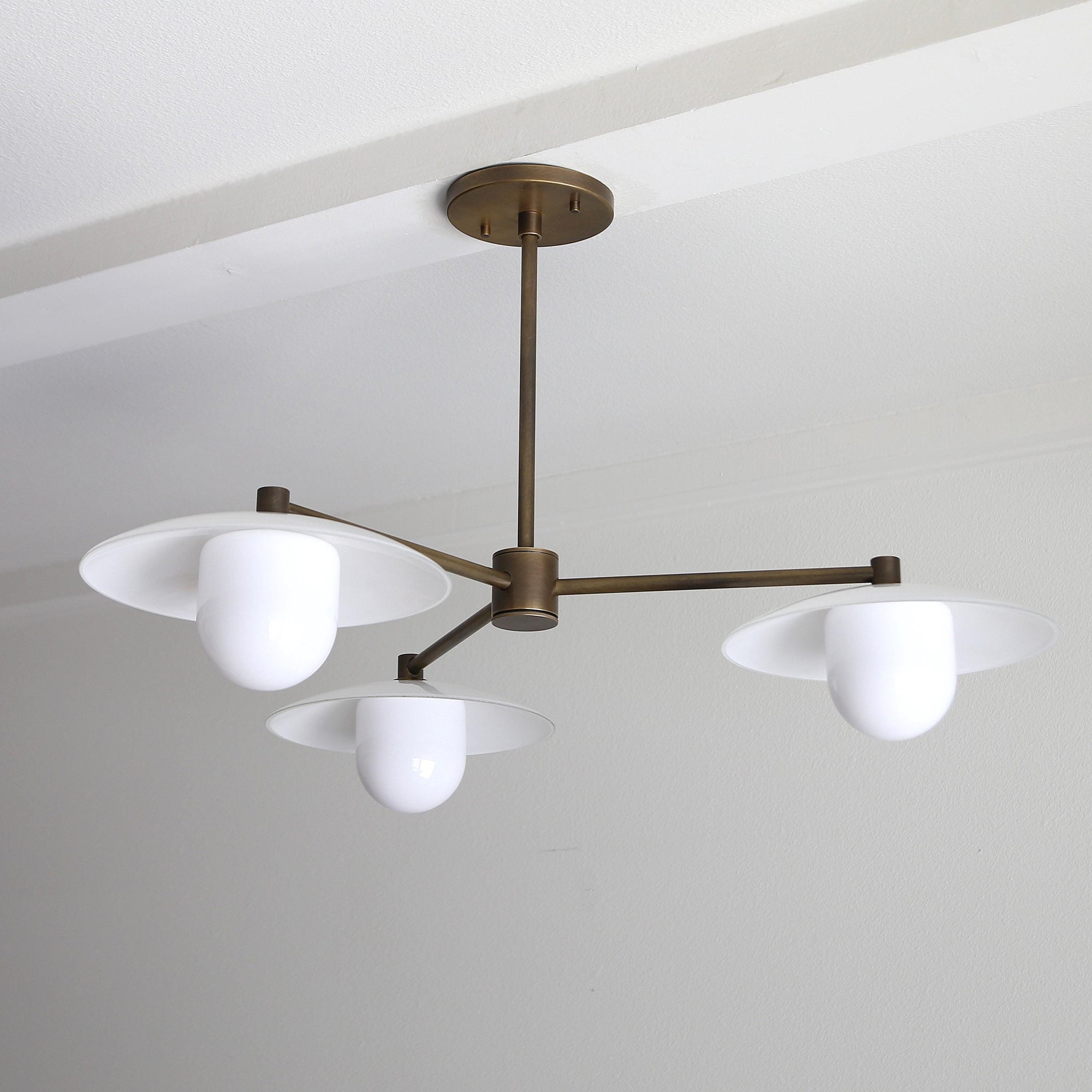 Brass Chandelier with Flared Opal Glass Shades
