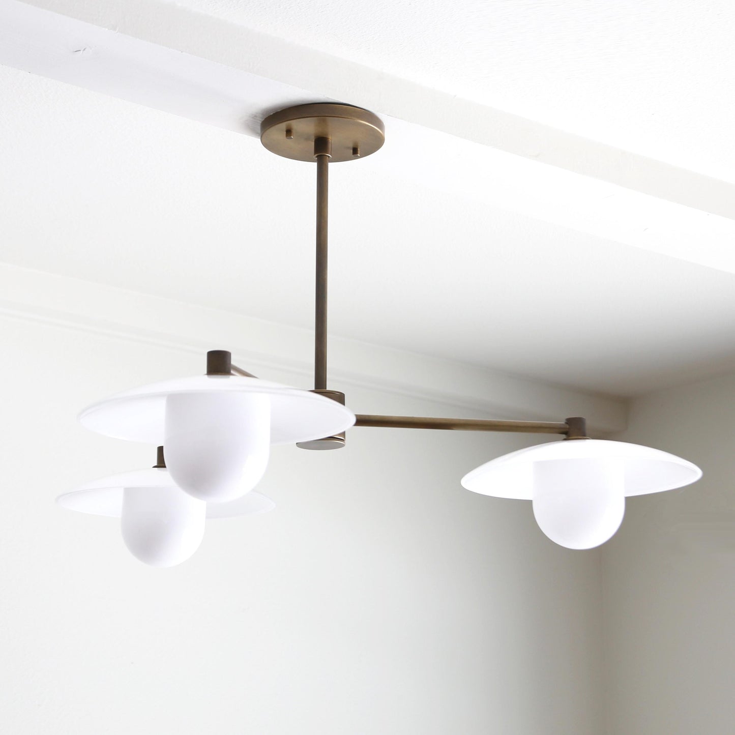Brass Chandelier with Flared Opal Glass Shades