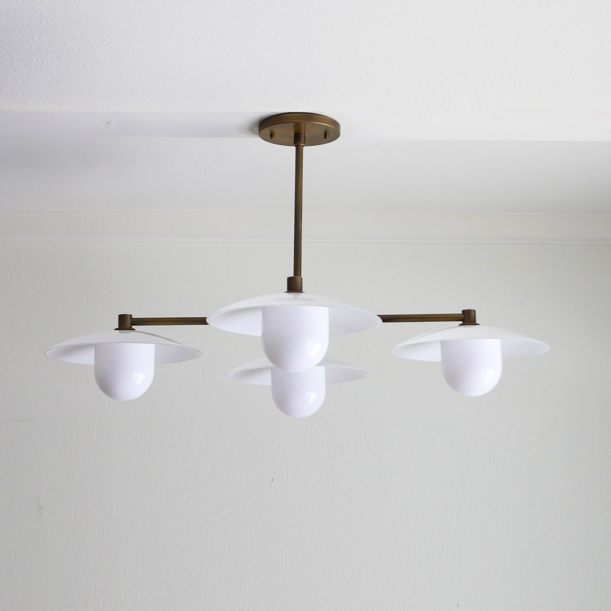 Brass Chandelier with Flared Opal Glass Shades
