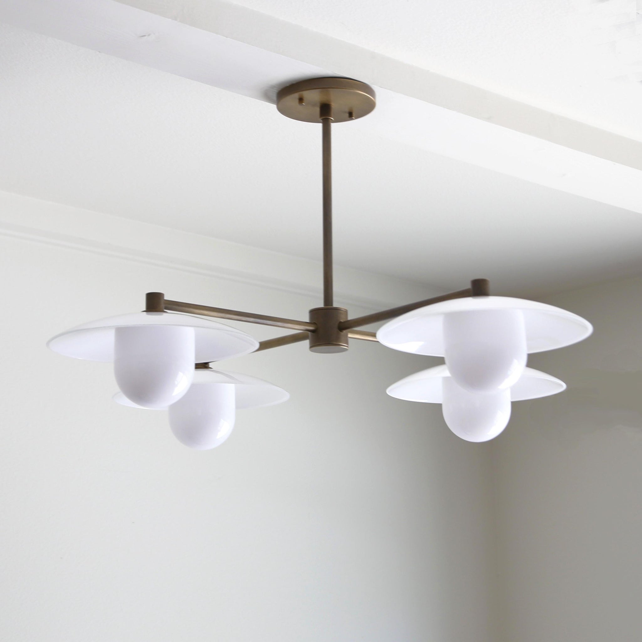 Brass Chandelier with Flared Opal Glass Shades