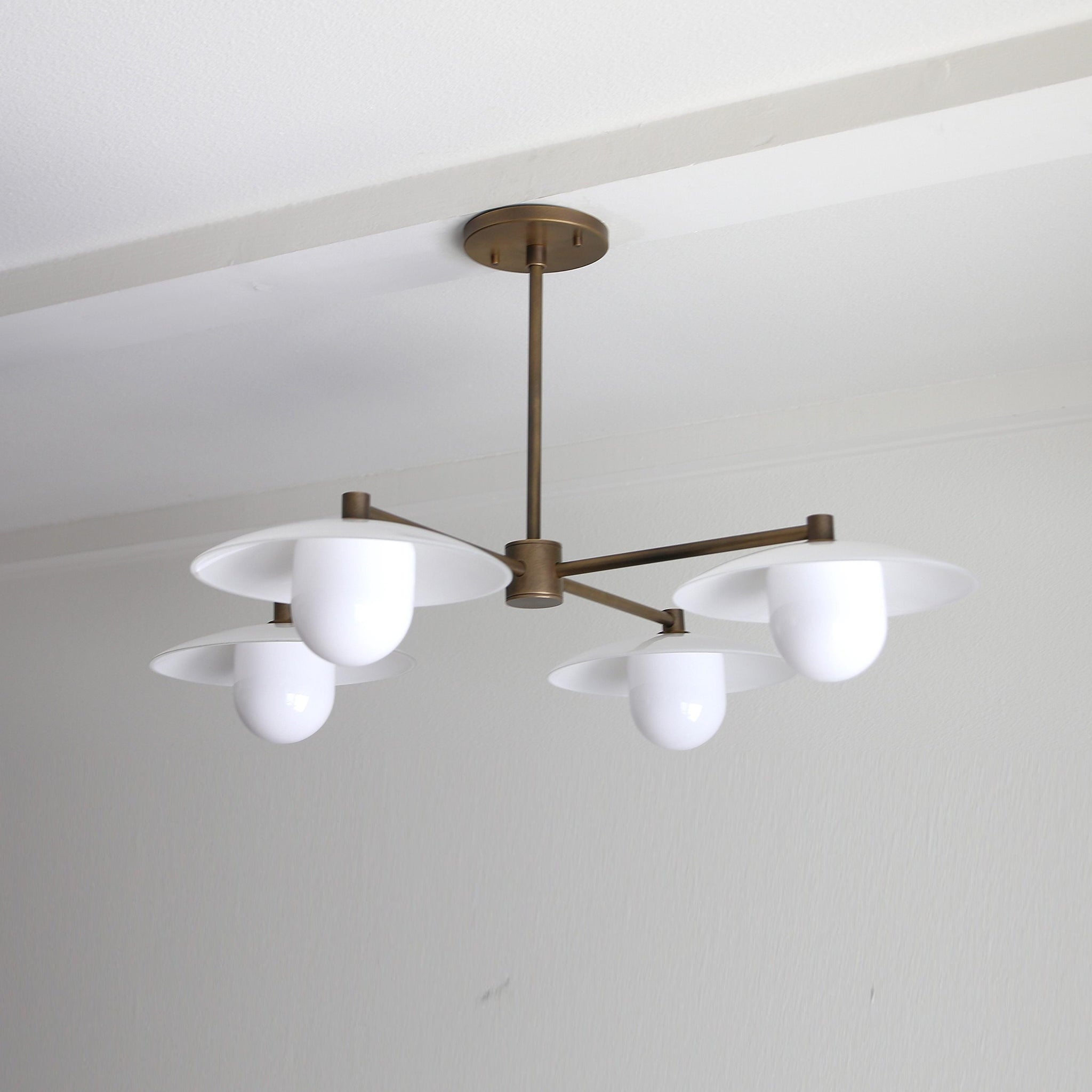 Brass Chandelier with Flared Opal Glass Shades