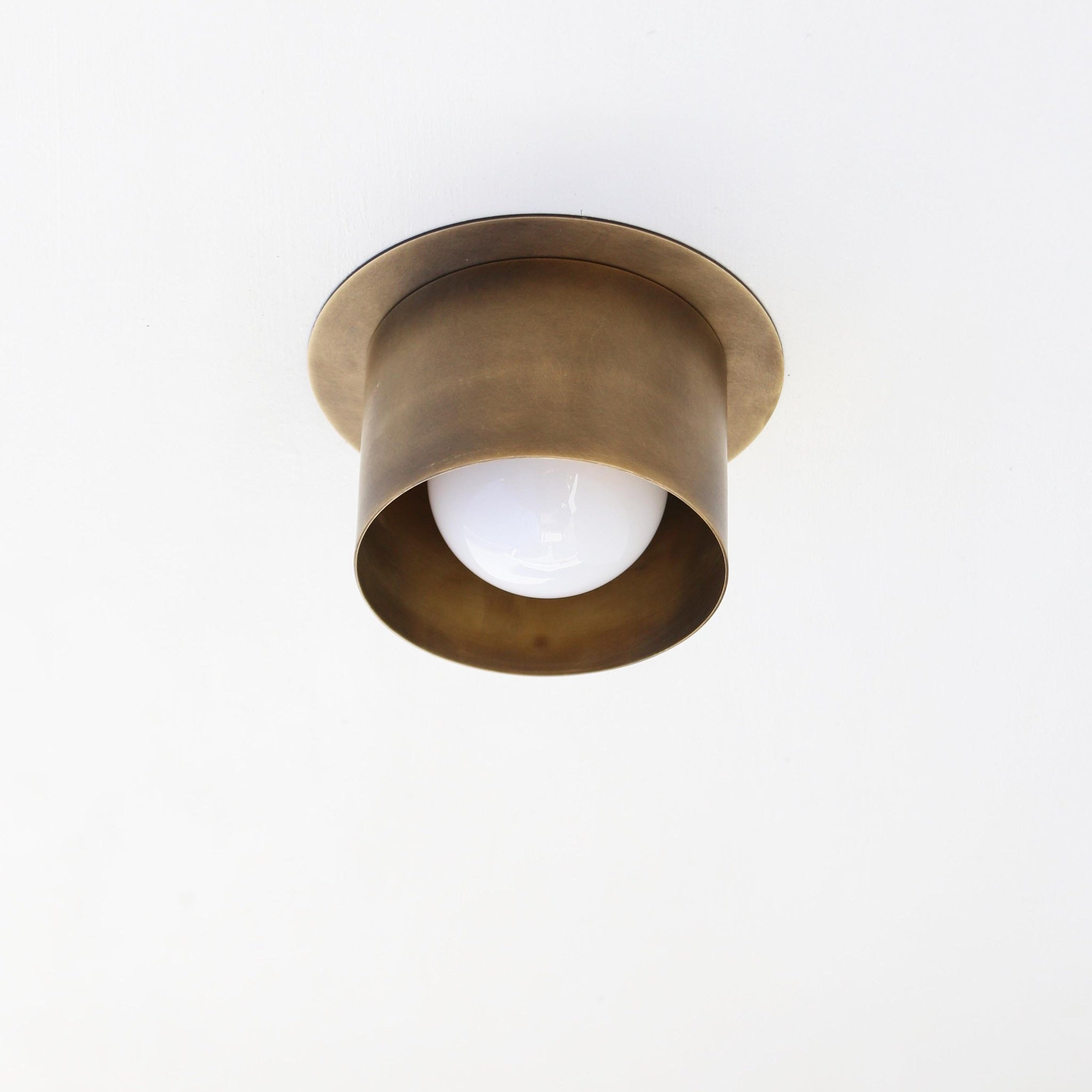 Brass Cylinder Flush Mount Ceiling Light with Opal Globe