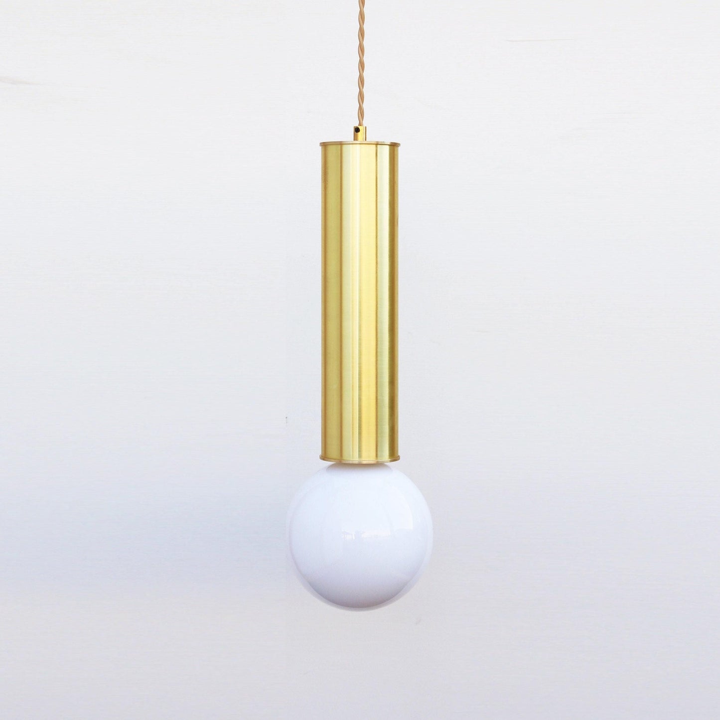 Brass Cylinder Pendant Light with Opal Glass Globe