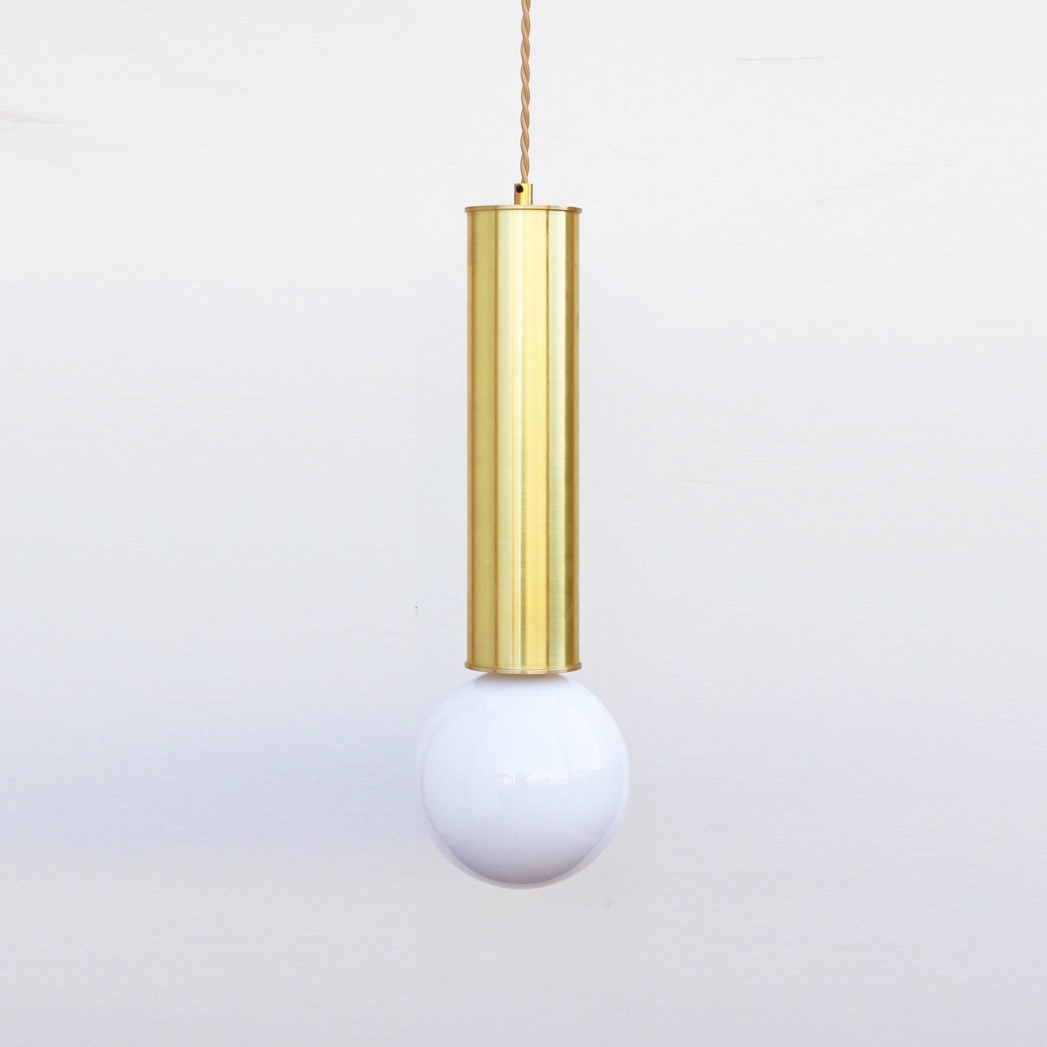 Brass Cylinder Pendant Light with Opal Glass Globe