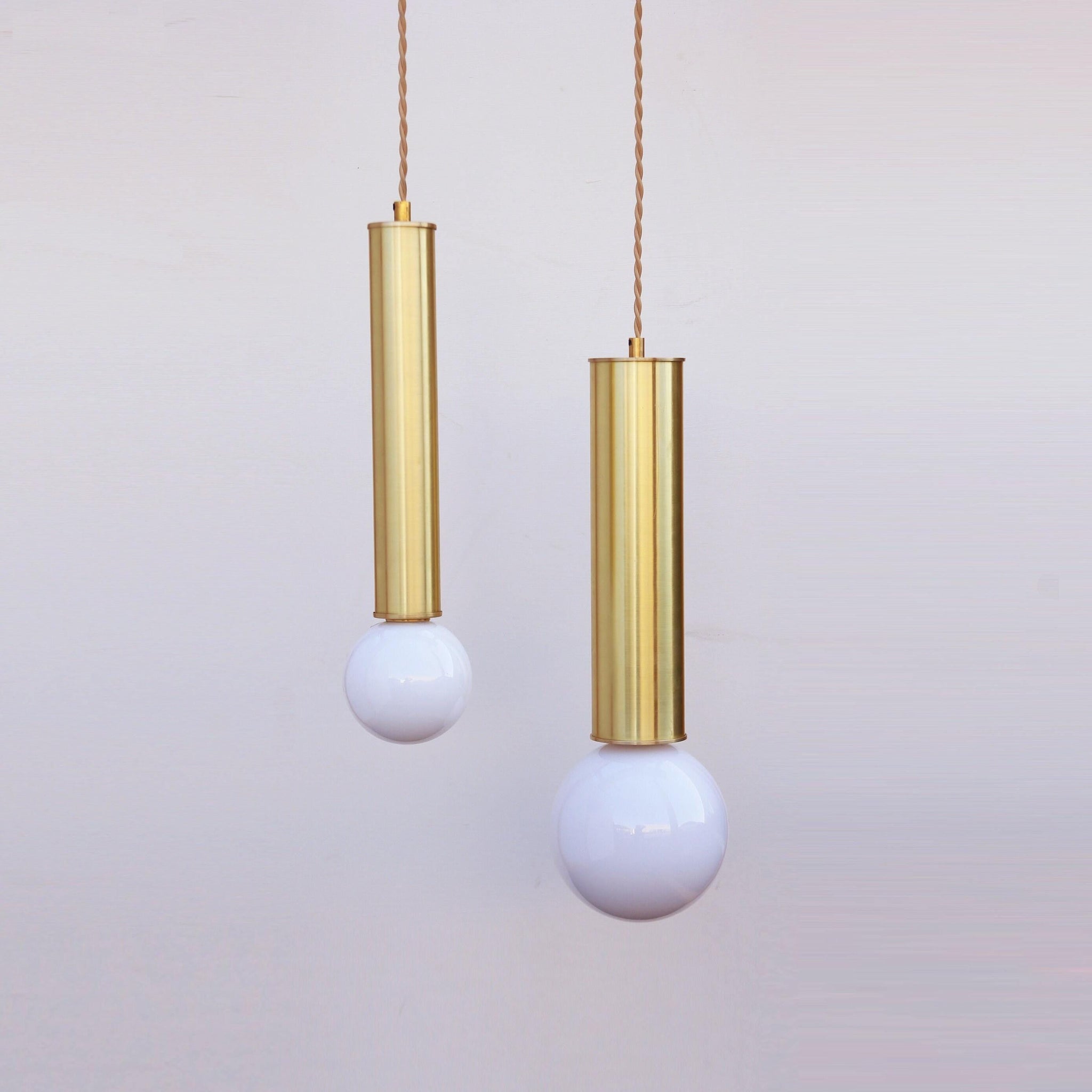 Brass Cylinder Pendant Light with Opal Glass Globe
