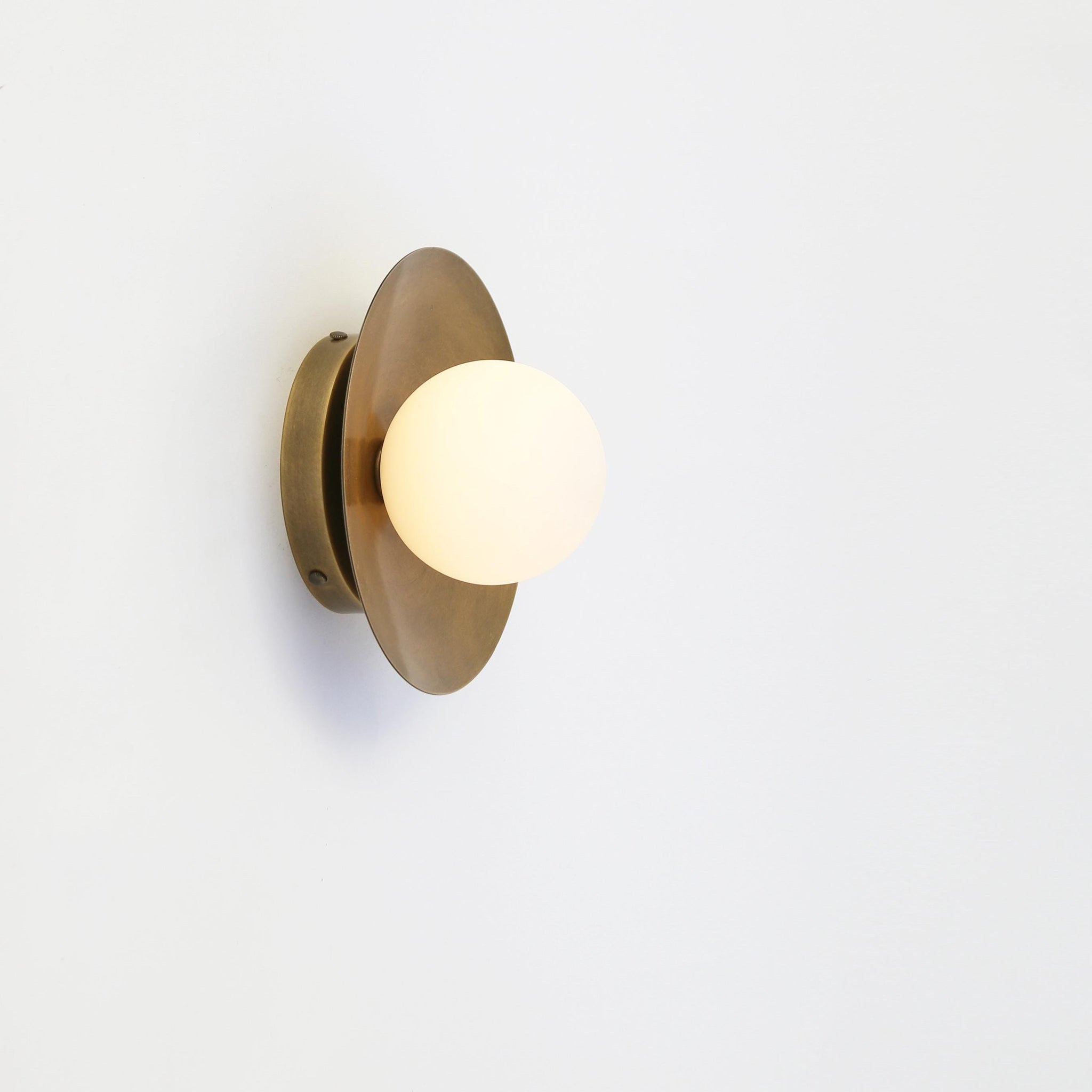 One-Light Brass Disc Wall Sconce with Opal Globe