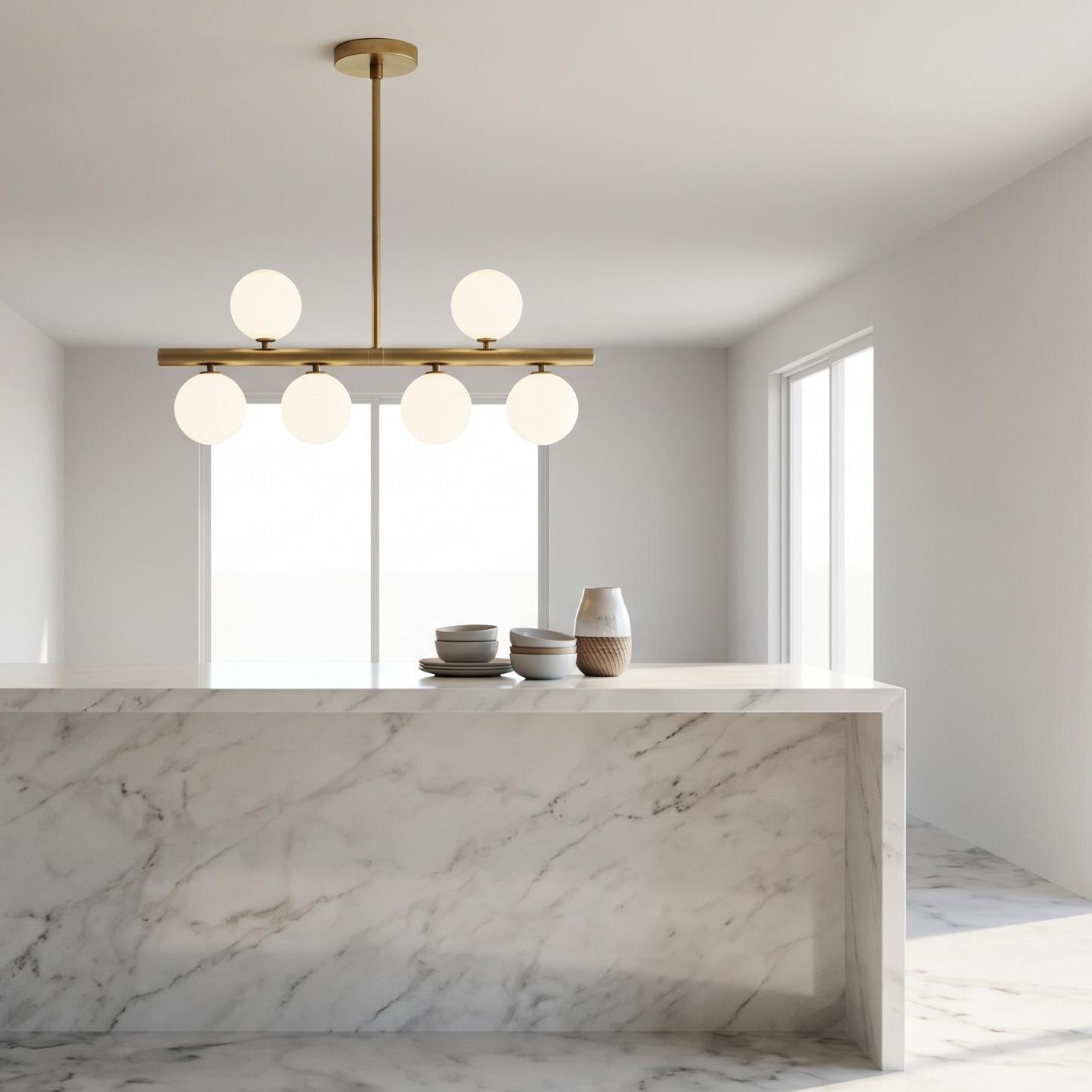 Brass Linear Chandelier with Ribbed Opal Globes