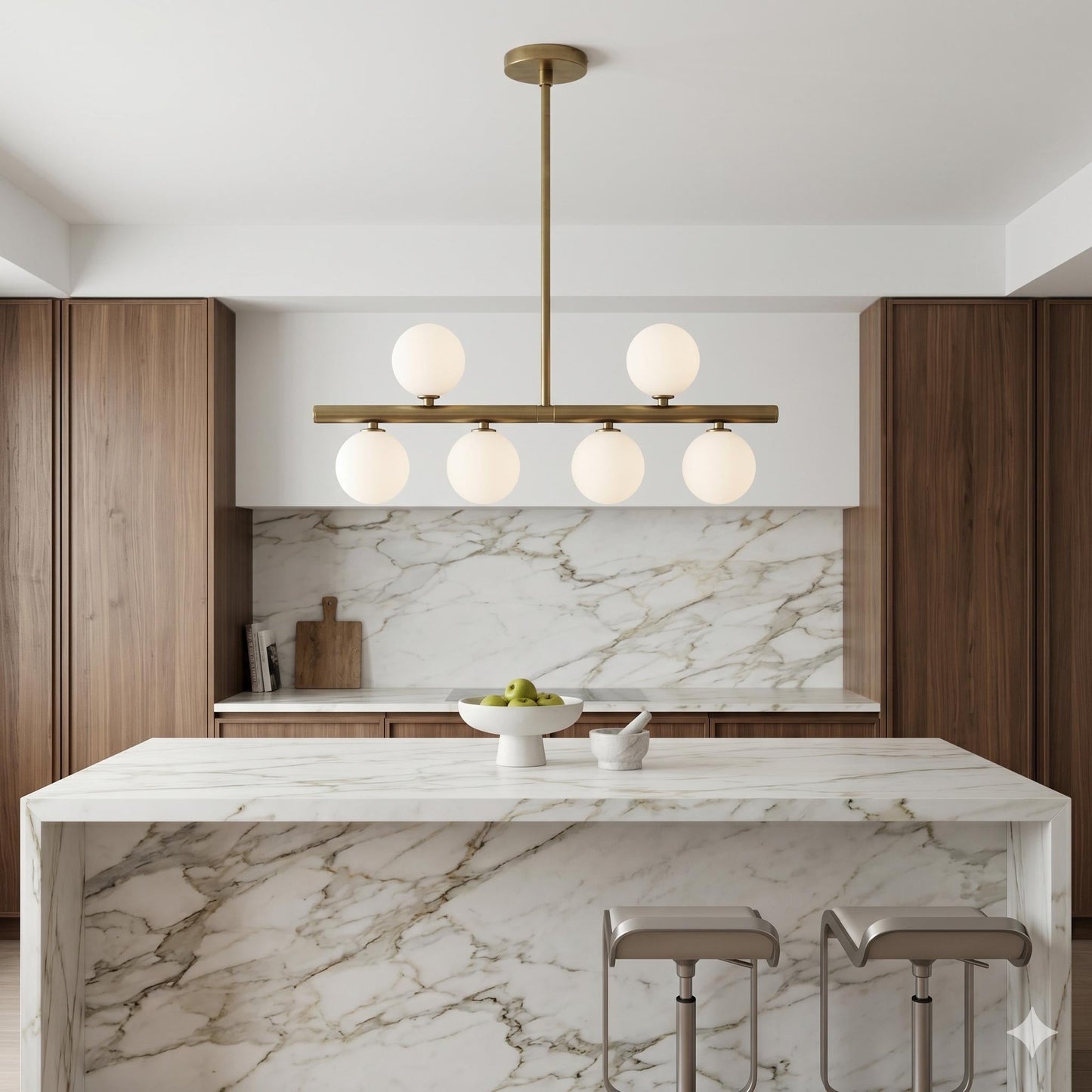 Brass Linear Chandelier with Ribbed Opal Globes