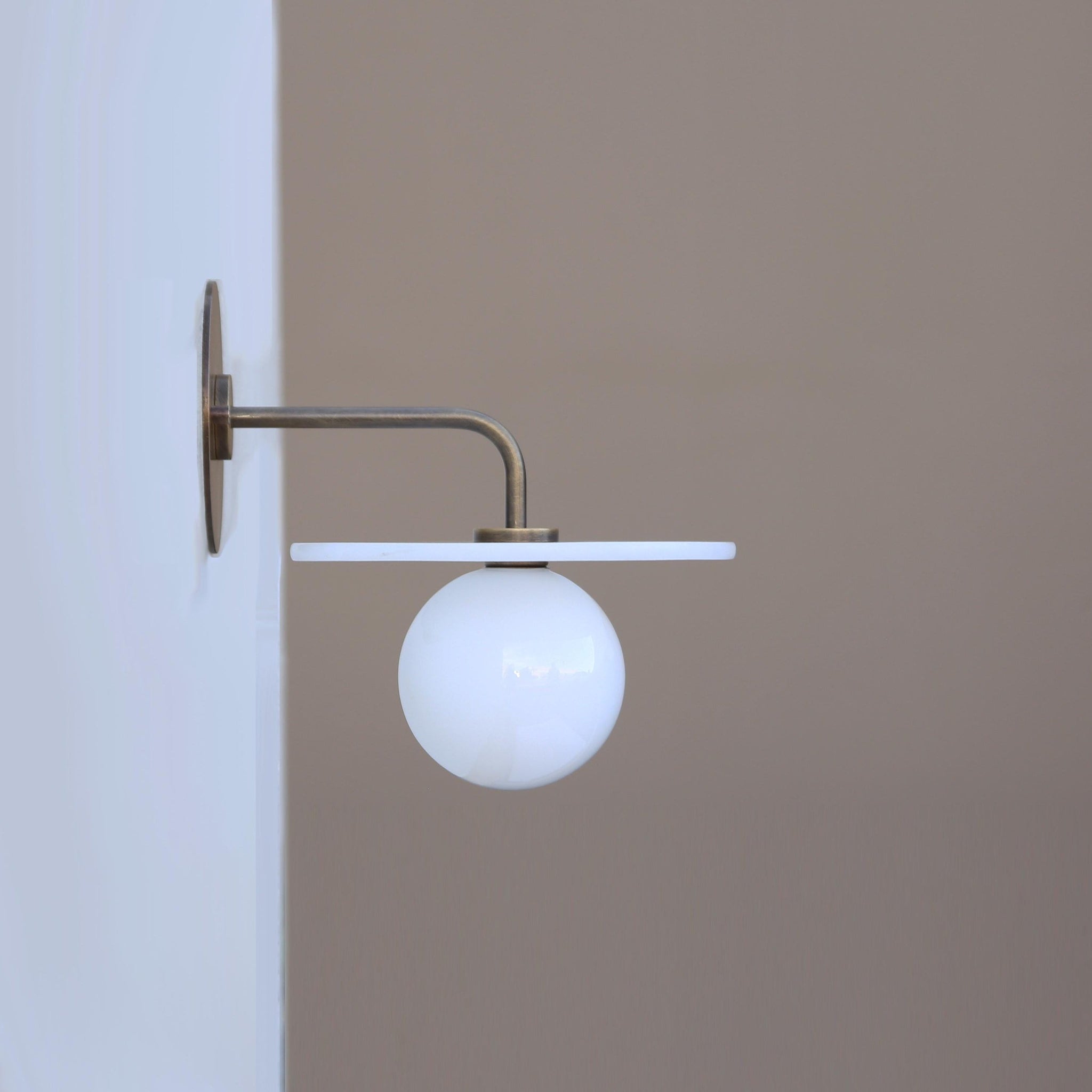 Brass Wall Sconce with Alabaster Disc and Opal Globe