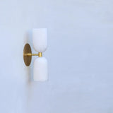 Elegant Vintage French Brass Wall Light with Double Alabaster Shades - View 3