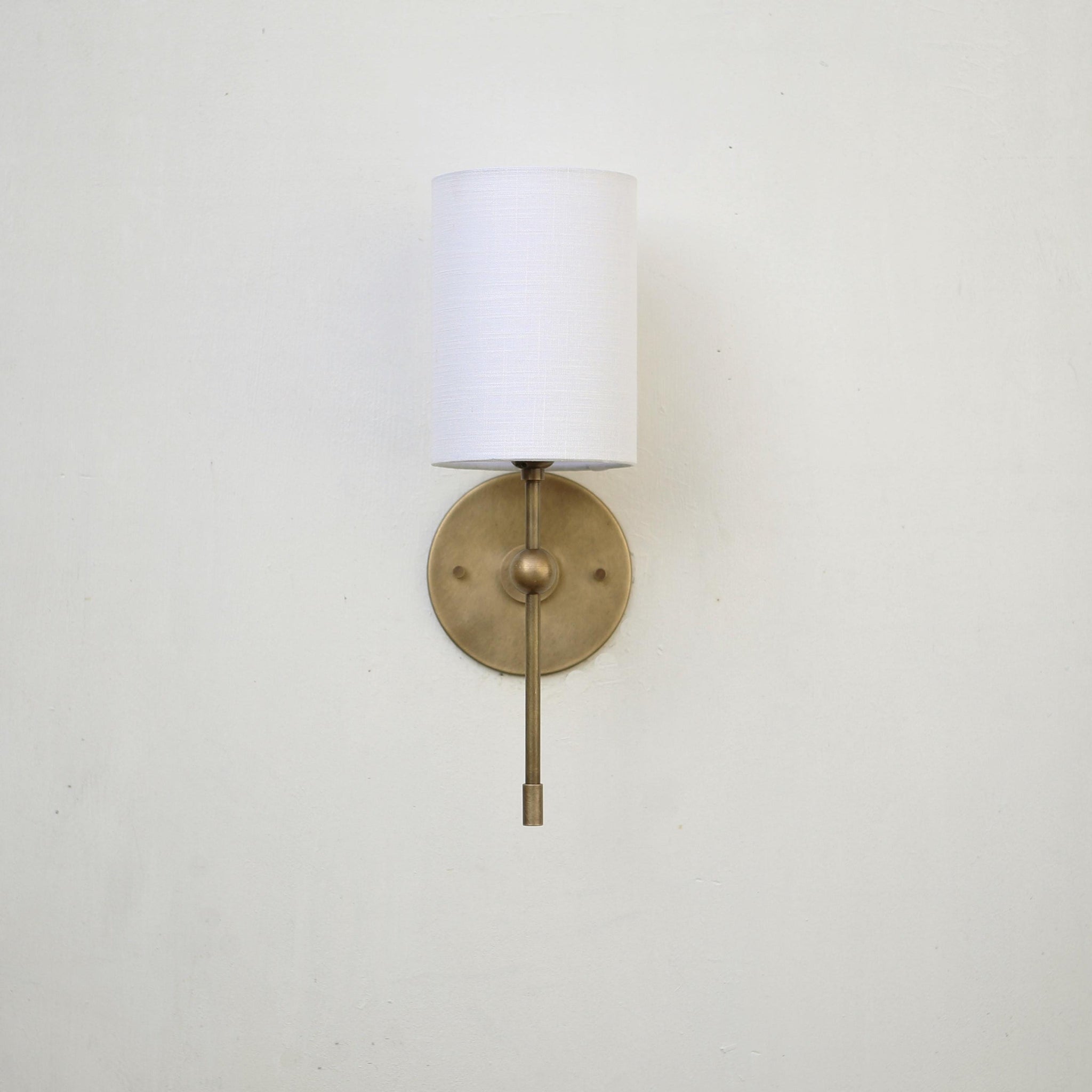 Brass Wall Sconce with Linen Cylinder Shade and Drop Stem
