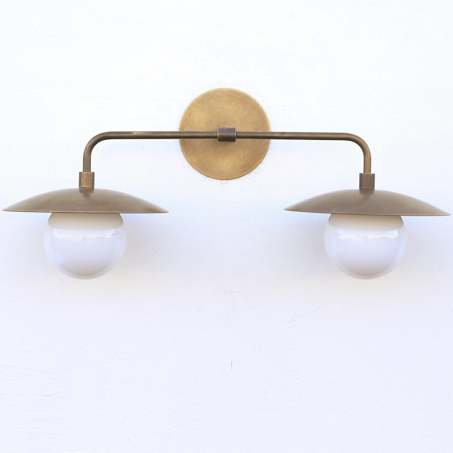Brass Wall Sconce with Saucer Shades and Opal Globes