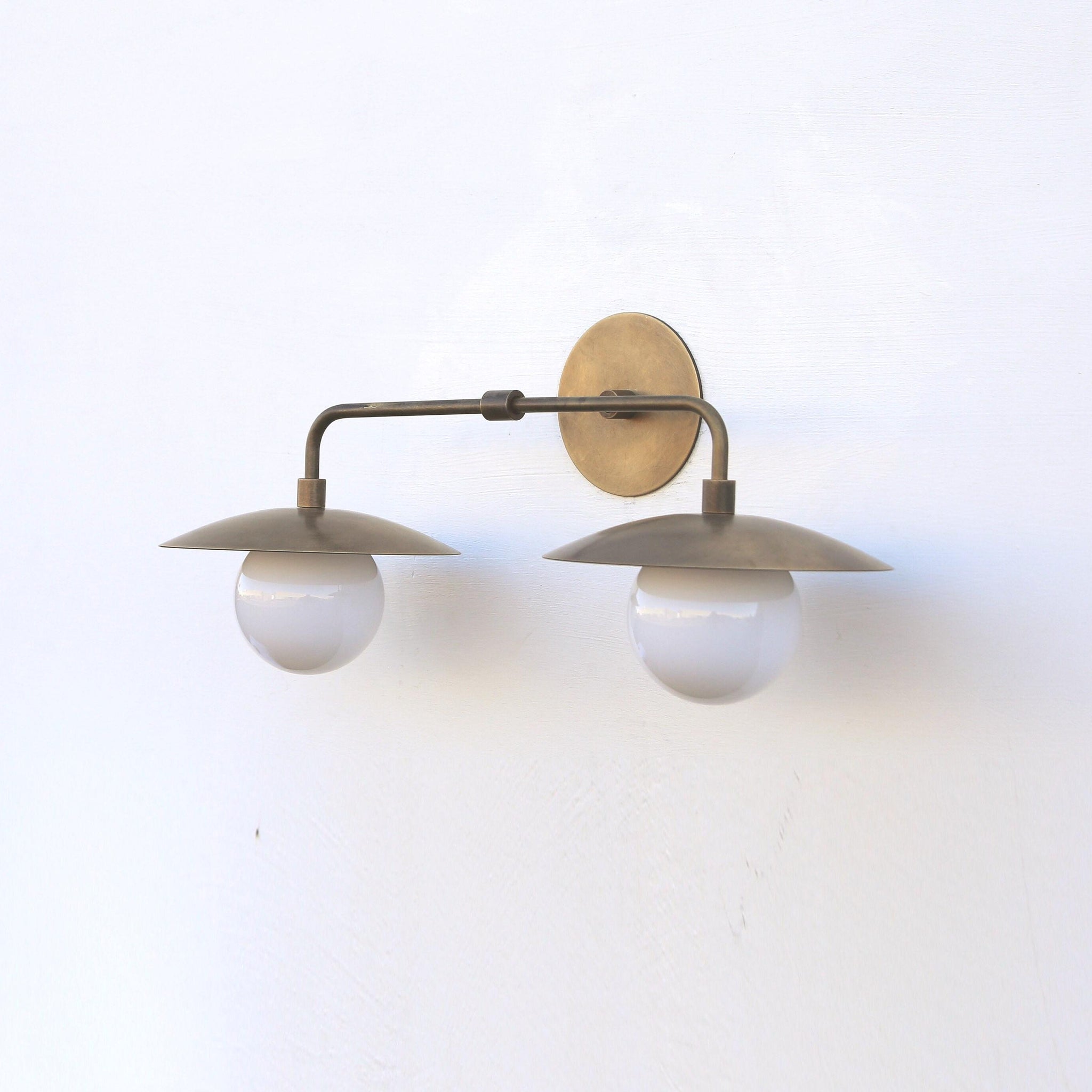 Brass Wall Sconce with Saucer Shades and Opal Globes