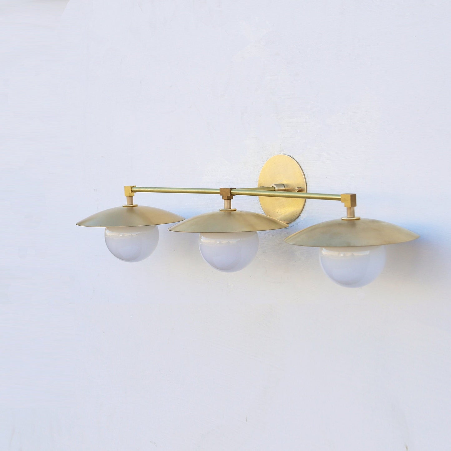 Brass Wall Sconce with Saucer Shades and Opal Globes