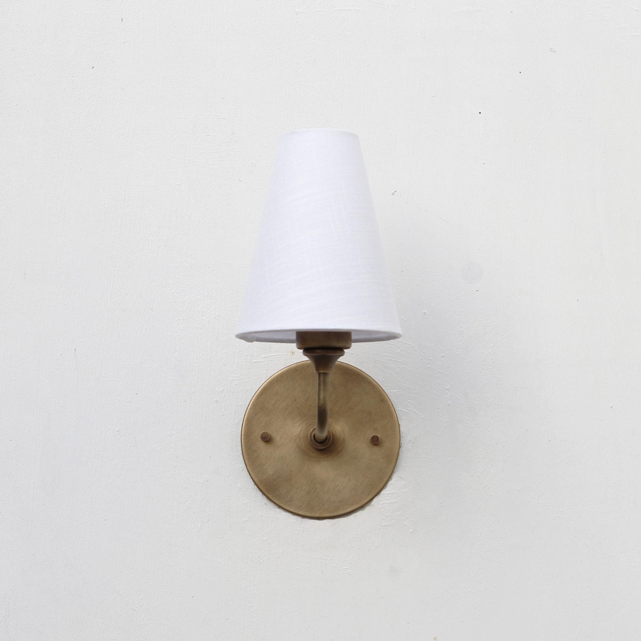 Brass Wall Sconce with Small Tapered Linen Shade