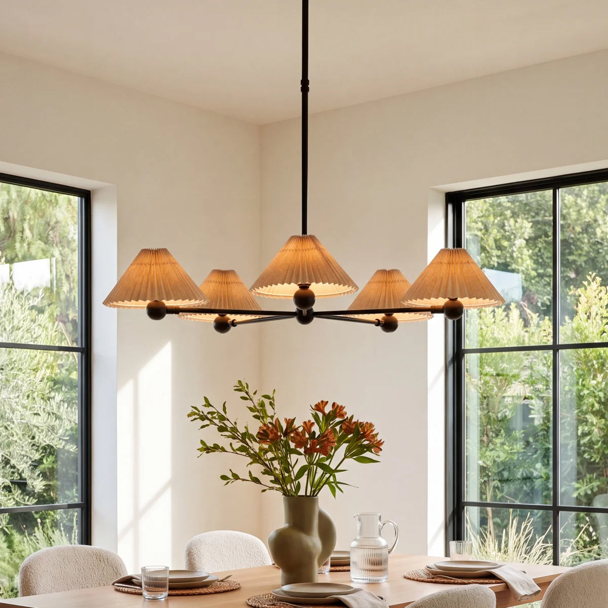 Clyde Chandelier — Mid-Century Brass Ceiling Light with Warm Open-Arm Glow