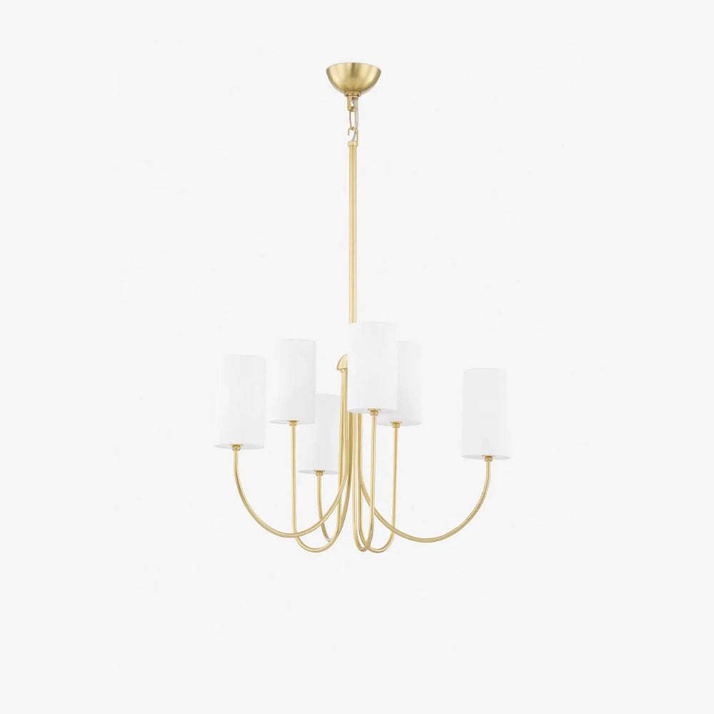 Midford Aged Brass Linen Shade Chandelier 8-Light heritage patinated brass arms eight linen shades soft layered glow in elegant dining room interior