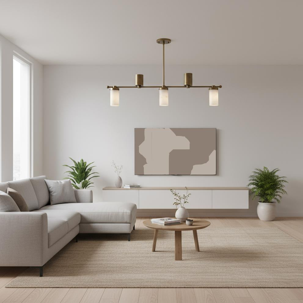 Five-Light Linear Brass Chandelier with Cylinder Shades