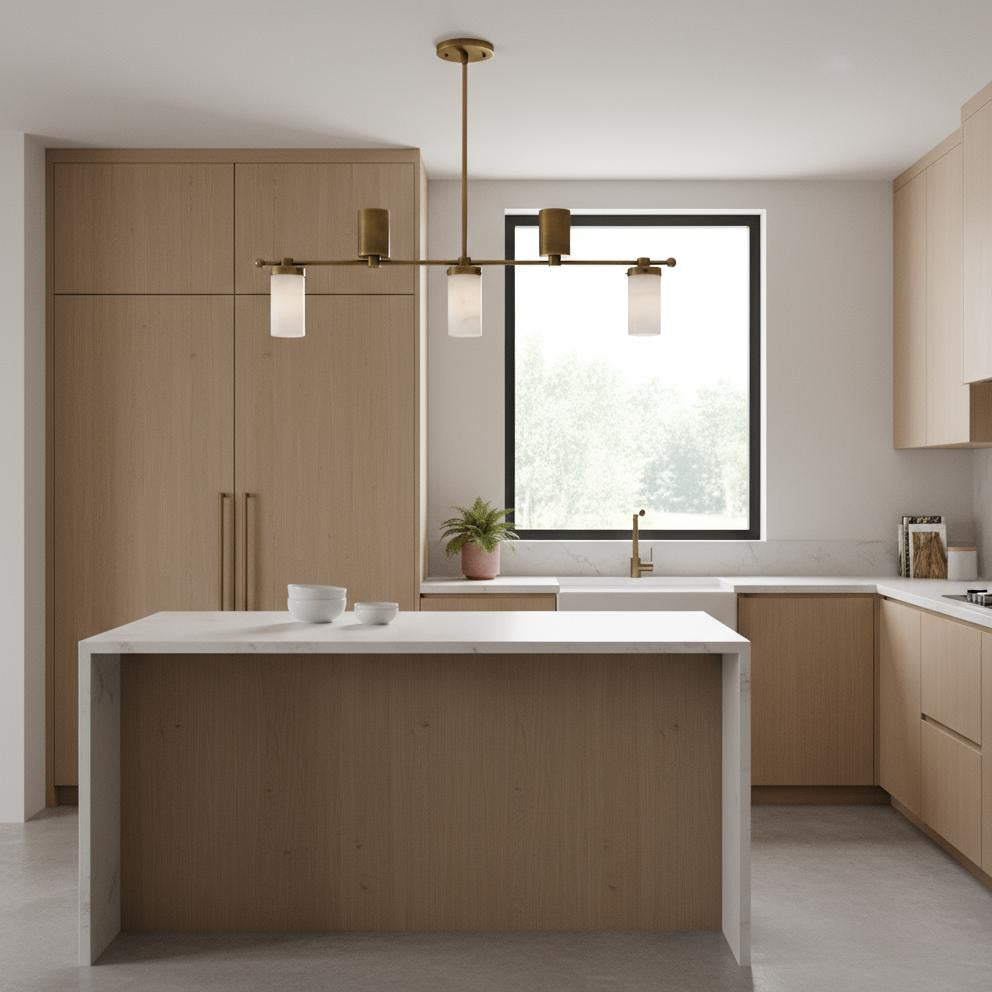 Five-Light Linear Brass Chandelier with Cylinder Shades