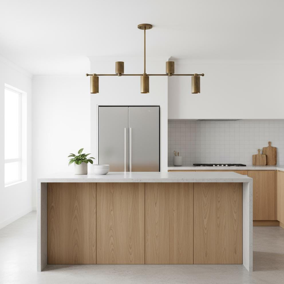 Five-Light Linear Brass Chandelier with Cylinder Shades