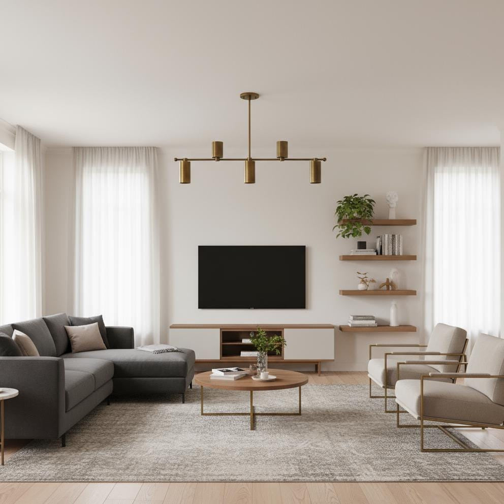 Five-Light Linear Brass Chandelier with Cylinder Shades