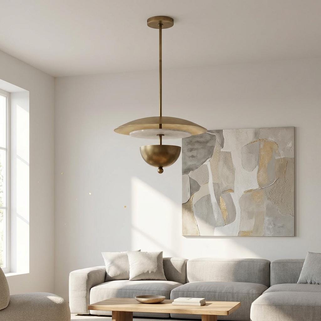 Four-Light Brass and Alabaster Disc Pendant Light