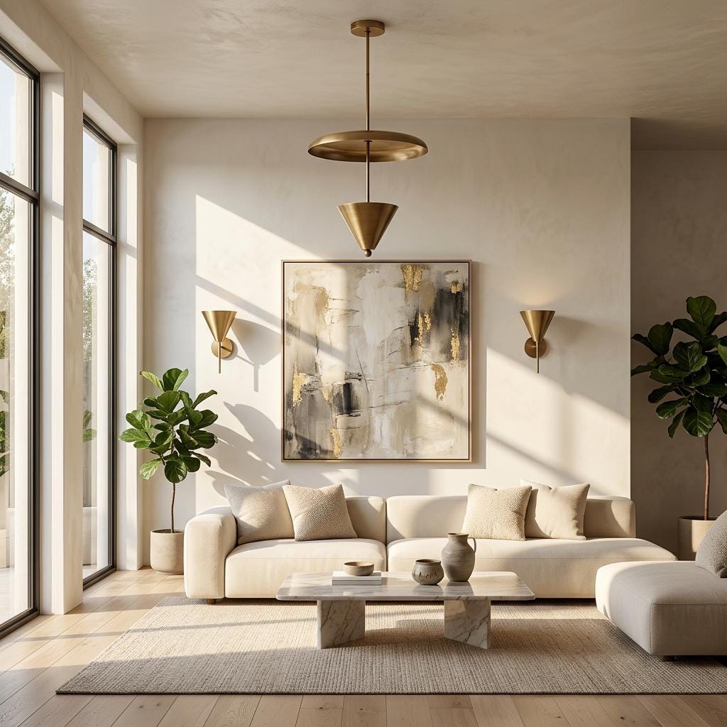 Four-Light Brass Cone and Disc Pendant Light