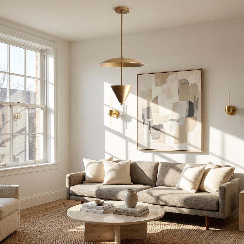 Four-Light Brass Disc Pendant Light with Cone Diffuser