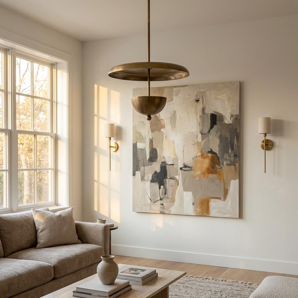 Four-Light Brass Disc Pendant Light with Dome Diffuser
