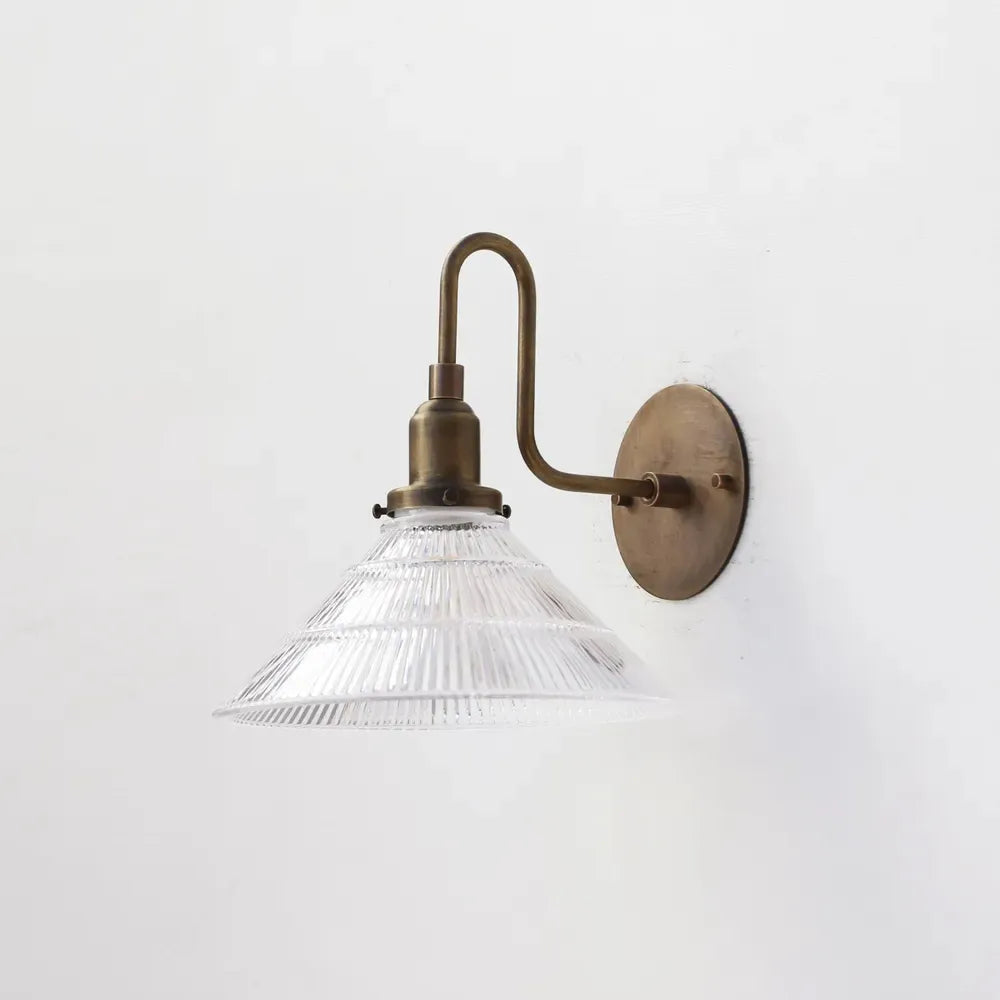 Industrial French Vintage Brass Wall Lamp with Clear Pyramid Glass Shade