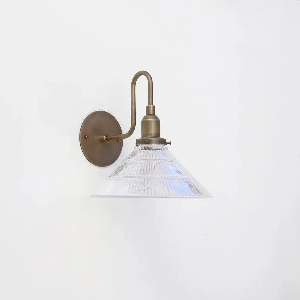 Industrial French Vintage Brass Wall Lamp with Clear Pyramid Glass Shade