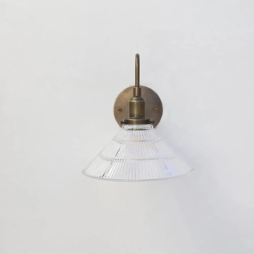 Industrial French Vintage Brass Wall Lamp with Clear Pyramid Glass Shade