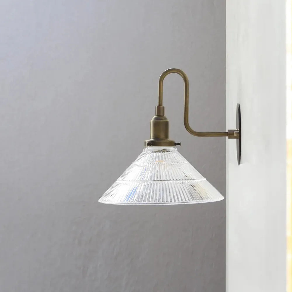 Industrial French Vintage Brass Wall Lamp with Clear Pyramid Glass Shade