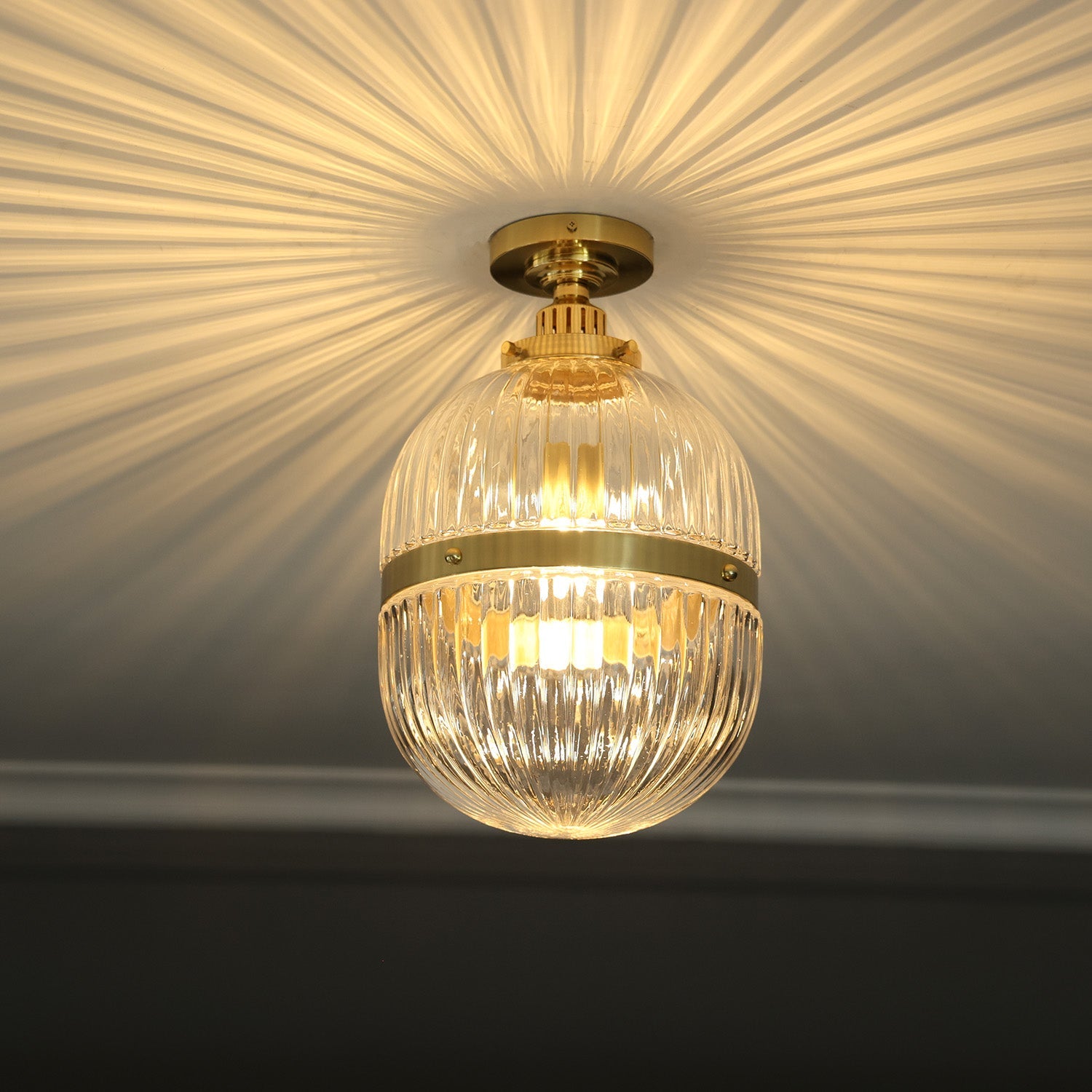 Hastings Semi-Flush Mount | Hand-Blown Ribbed Glass Antique Brass Ceiling Light