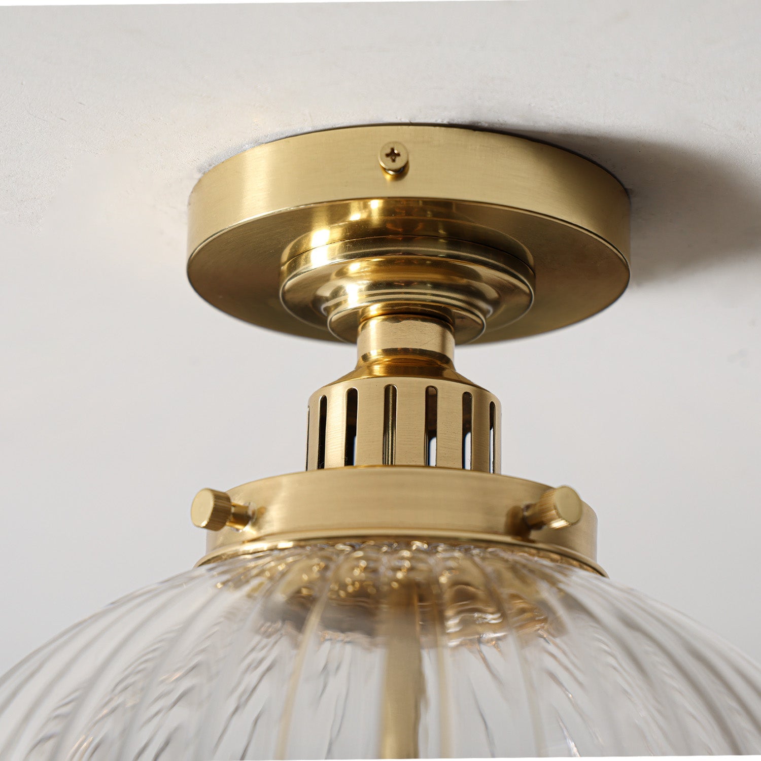 Hastings Semi-Flush Mount | Hand-Blown Ribbed Glass Antique Brass Ceiling Light