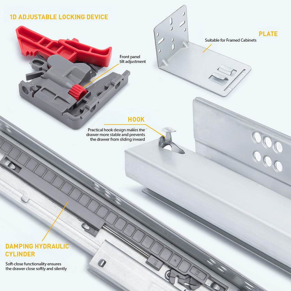Undermount Soft Close Silver Drawer Slides with Rear mounting Bracket and Locking Devices
