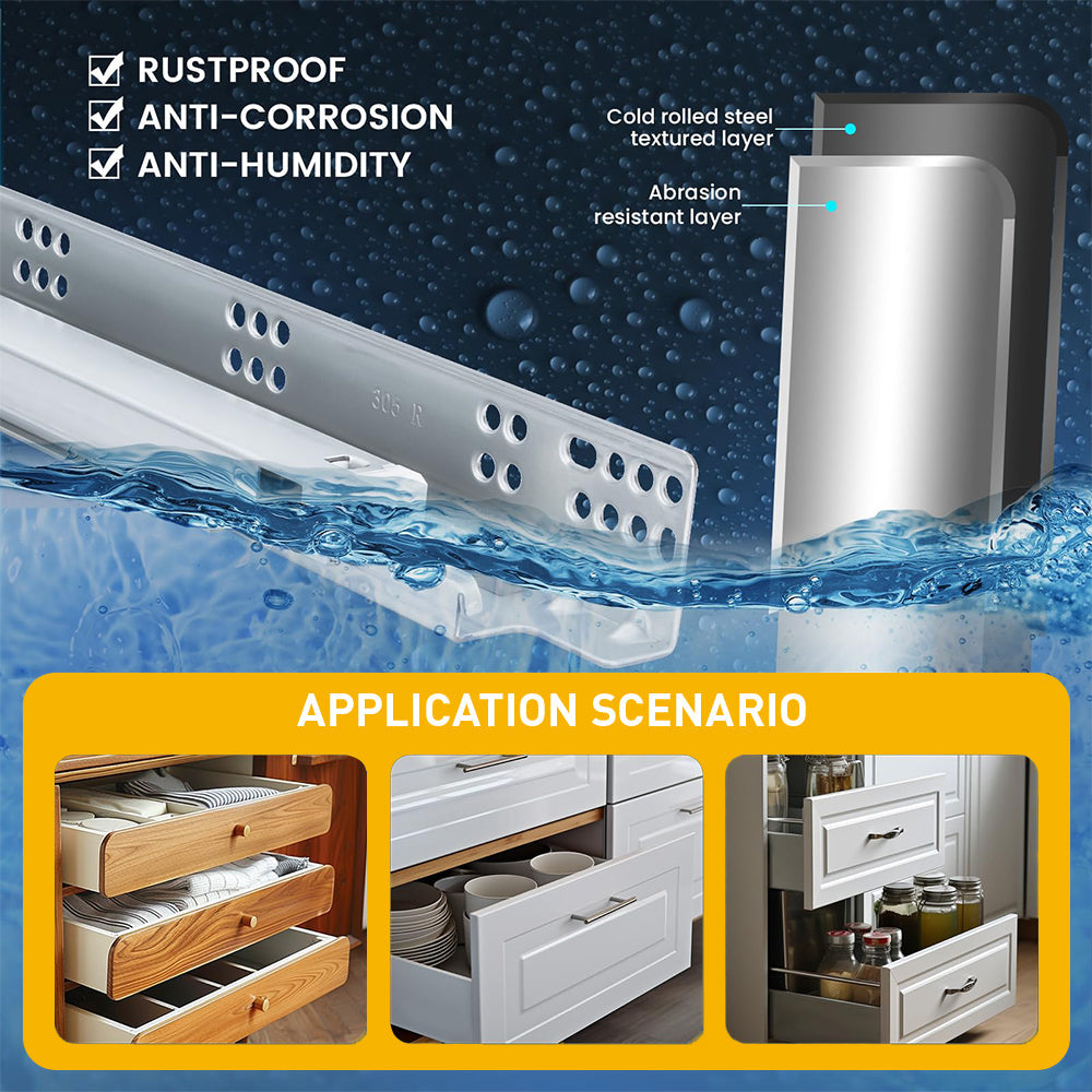 Undermount Soft Close Silver Drawer Slides with Rear mounting Bracket and Locking Devices
